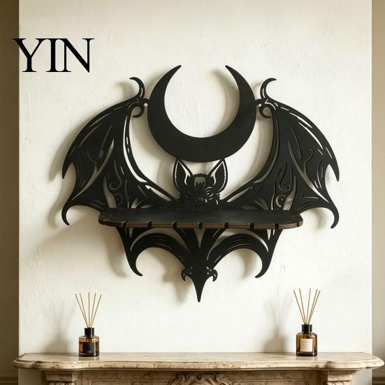 Gothic Style Storage Bat Wall Shelf, Mount Wooden & Moon Rack, Creative Wing Display Stand Floating Shelf for Bedroom Living Room Halloween