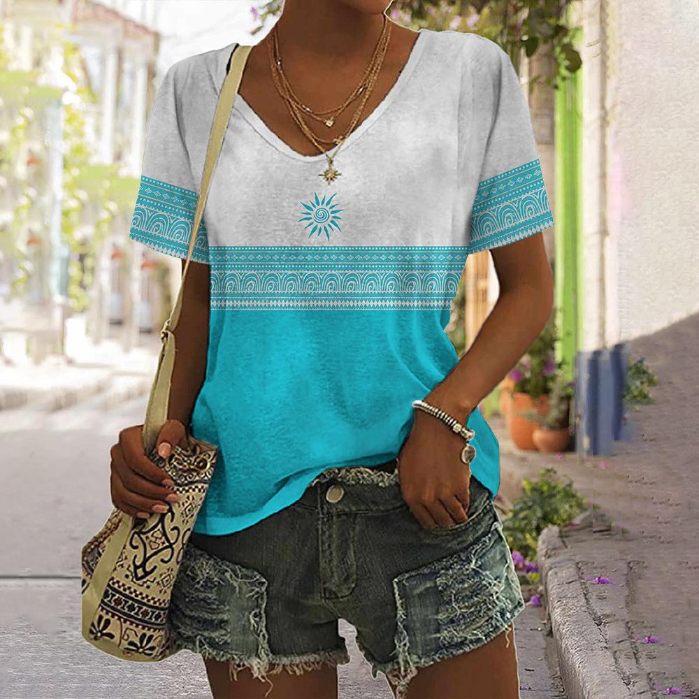 vintage women floral print t shirt short sleeve v neck tops comfortable t-shirts