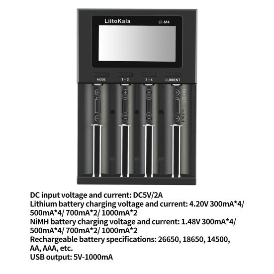 LiitoKala Lii-M4 Battery Charger LCD Display Universal Fast Charging 4 Slots 5V2A USB