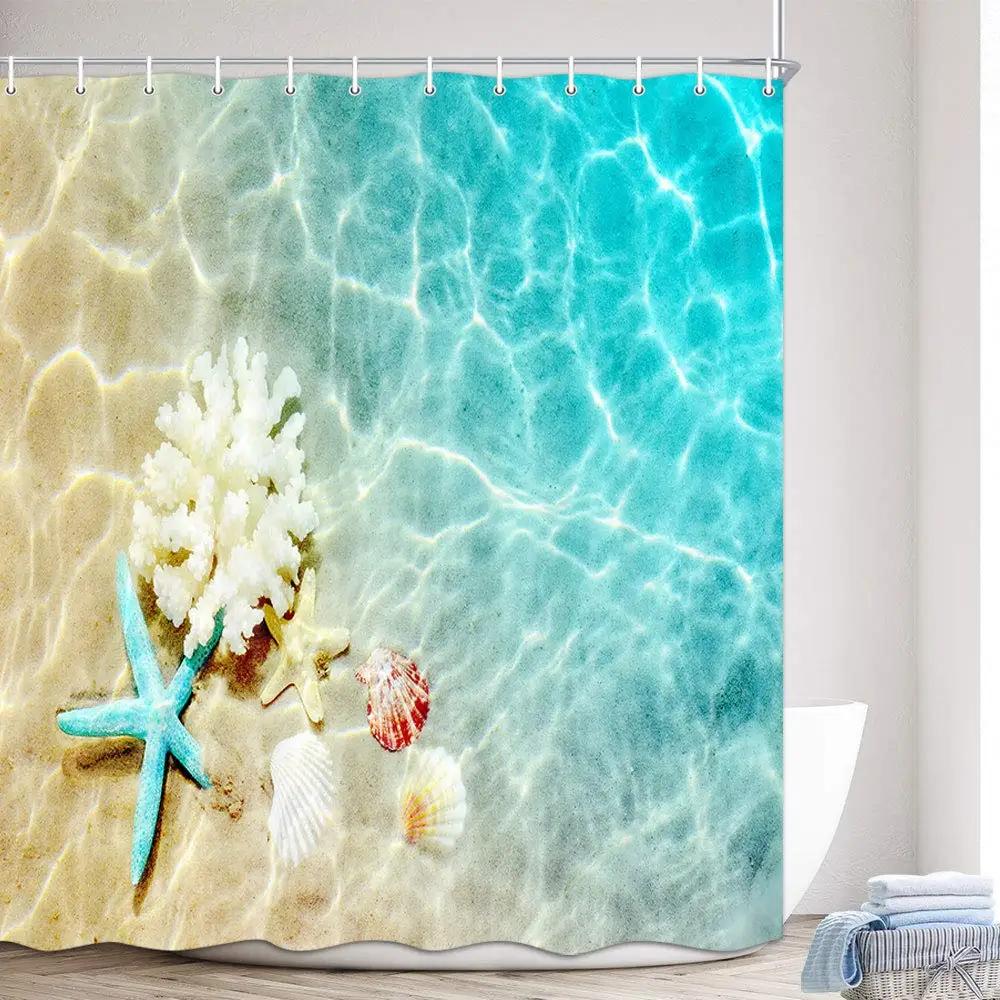 Starfish Beach Shower Curtains 3D Seashell Ocean Theme Waterproof Polyester Fabric Bathroom Decor with Hooks Bathtub Curtains