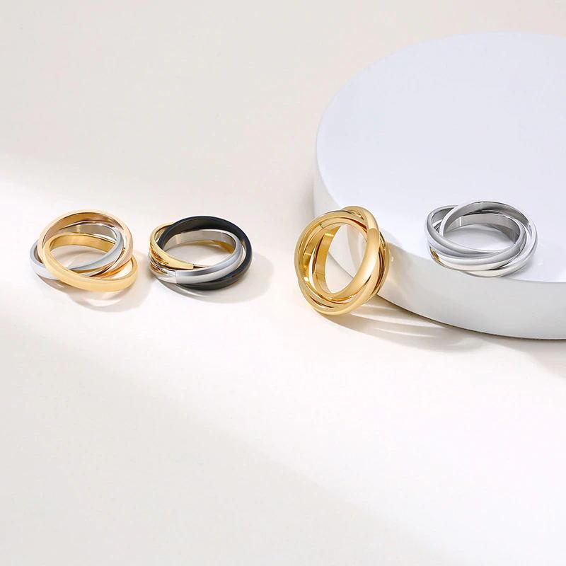 Charm Women Rings Triple Interlocked Rolling Ring Stainless Steel Gold Color Christmas Jewelry