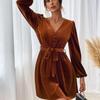 Women's V-neck Velvet Dress Autumn Winter Waist-cinching Slim-fit A-line Dress Long-sleeve Velvet Sexy Party Dress