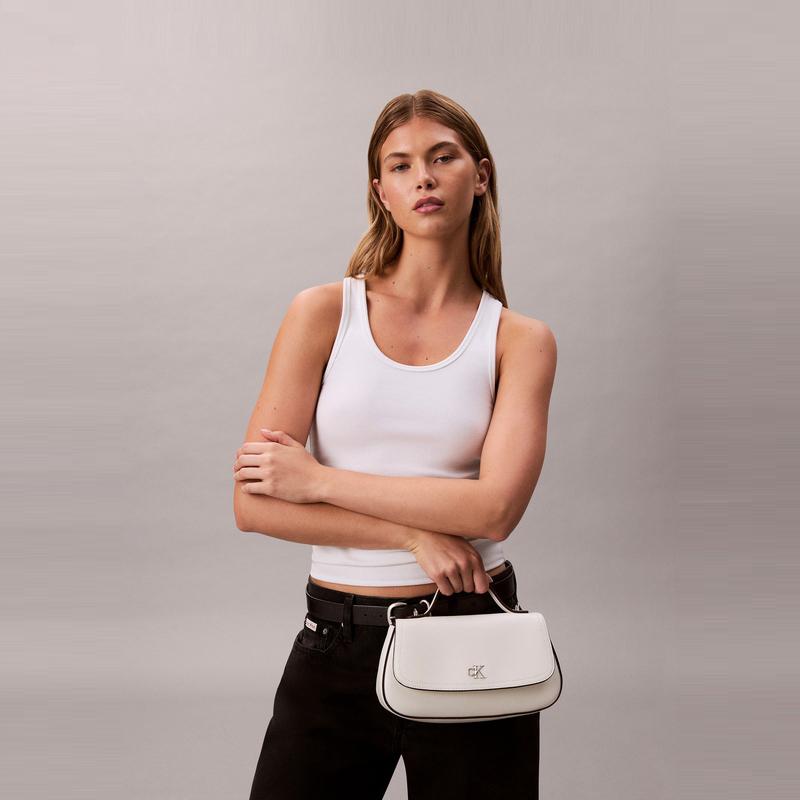 Calvin Klein Elegant Commuter Letter Shoulder Chain Mixed Material Tote Bag Small Women handbags Lily-White 4F3282G-FUP
