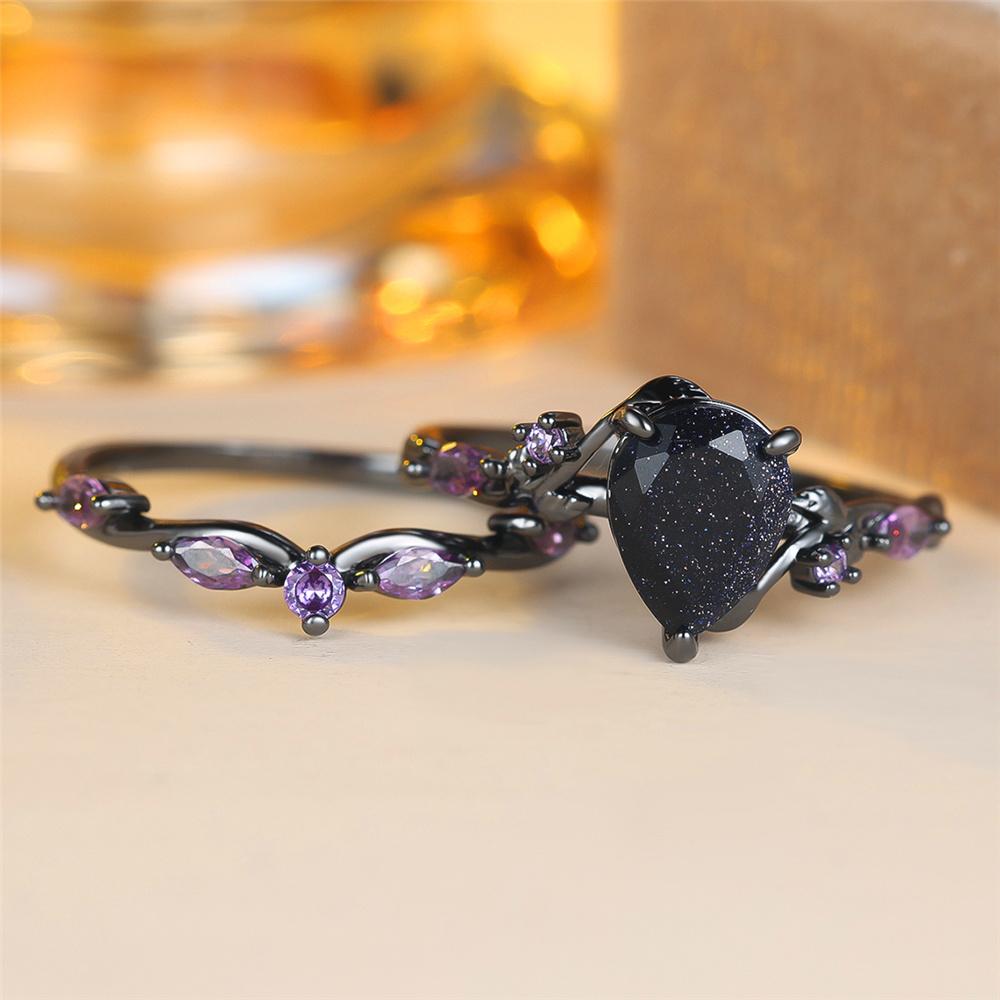Charm Female Purple Zircon Stone Engagement Ring Set Vintage Black Gold Color Bridal Wedding Bands Party Jewelry For Women