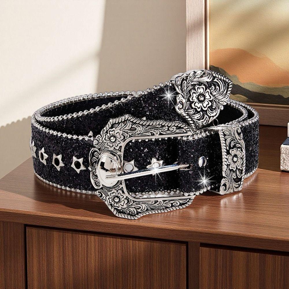 Metal Engraved Buckle Western Cowboy Belt PU Leather Buckle Belt Fashion Waistband for Men Women