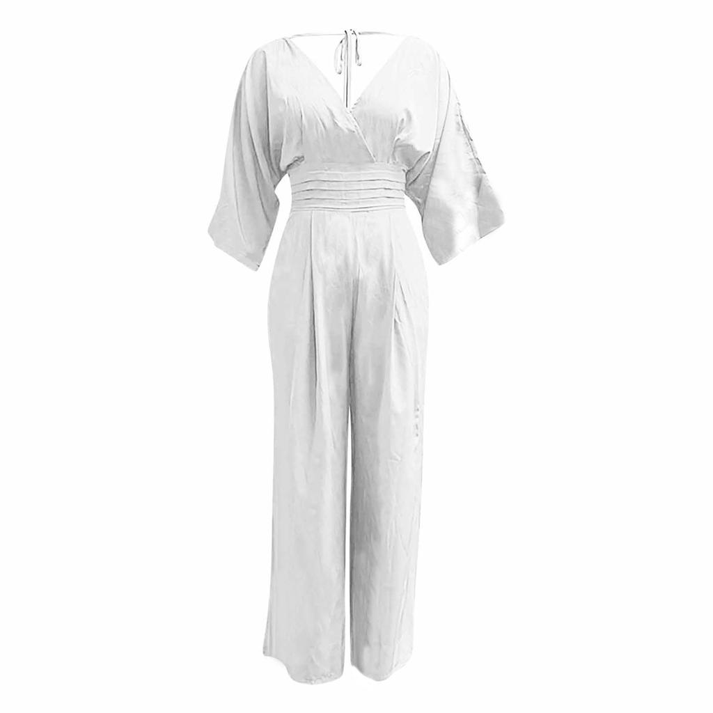Mote dame ensfarget jumpsuit erme V-hals ryggløs midje løs vidde ben jumpsuit
