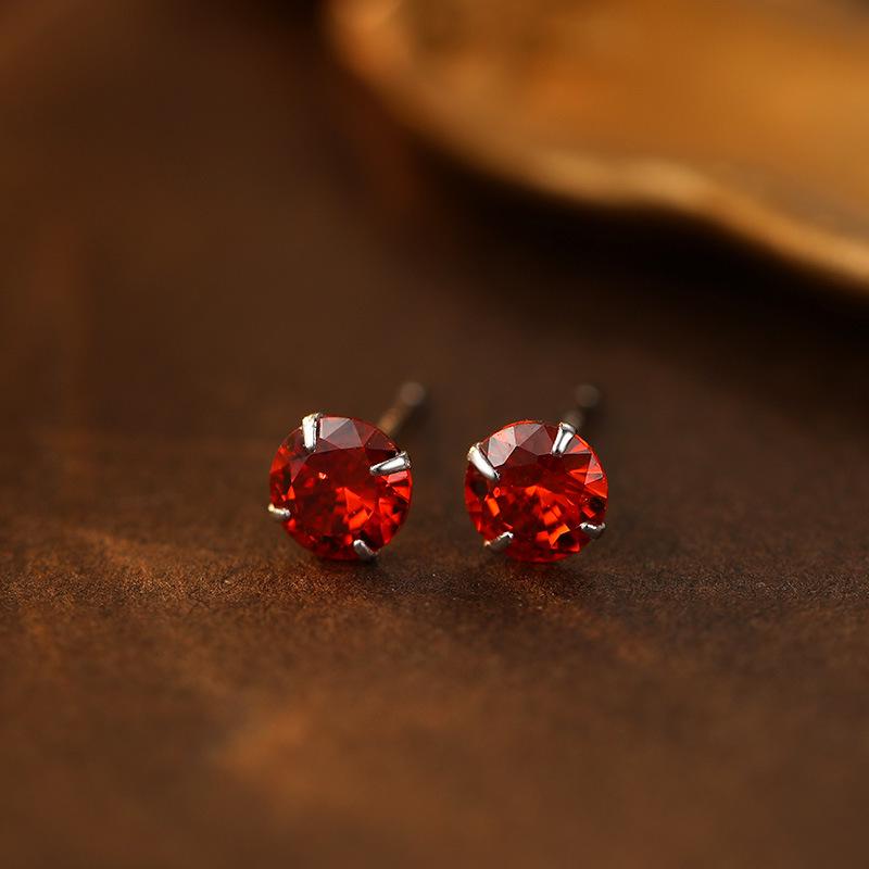 Banyan Tree S999 Silver Birthstone Earrings: Women's Four-Claw Colored Diamond Ear Studs for Everyday Wear