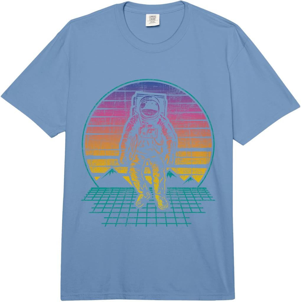 Retro Astronaut Vaporwave Sunset Grid Graphic Tee Men Casual Short Sleeve TShirt