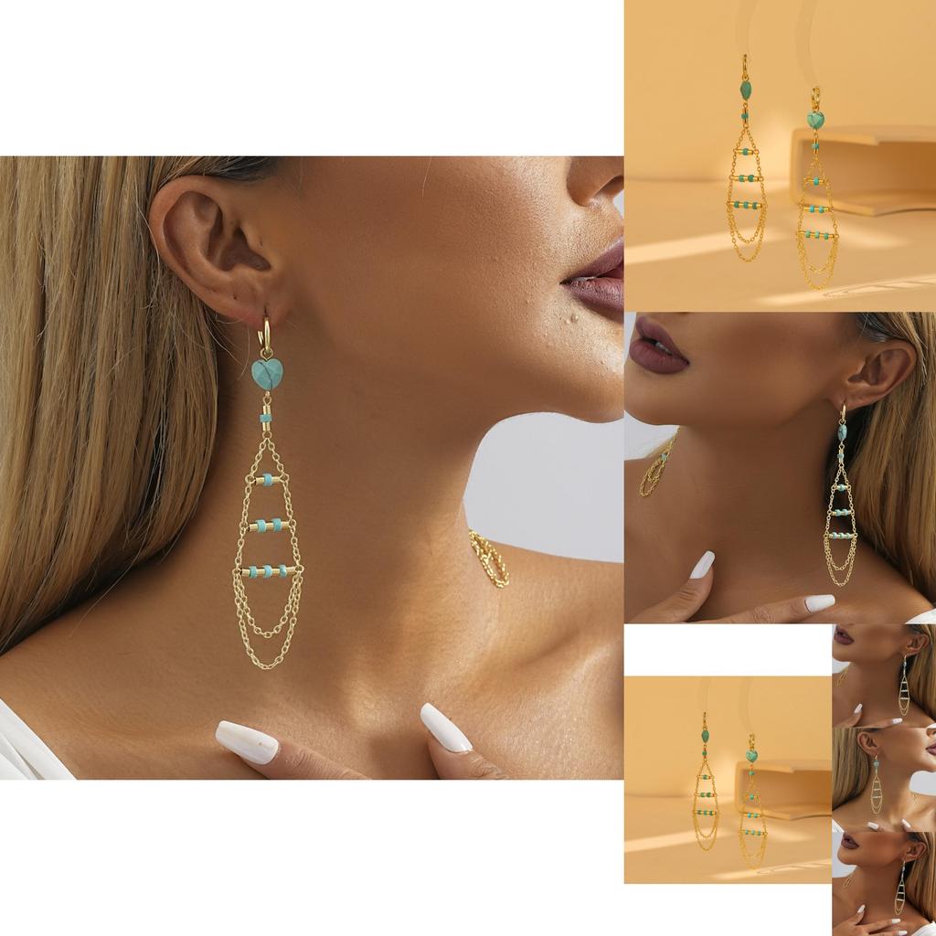 Gold Plated Natural Stone Earrings With Trendy Fringe And Chain Elements