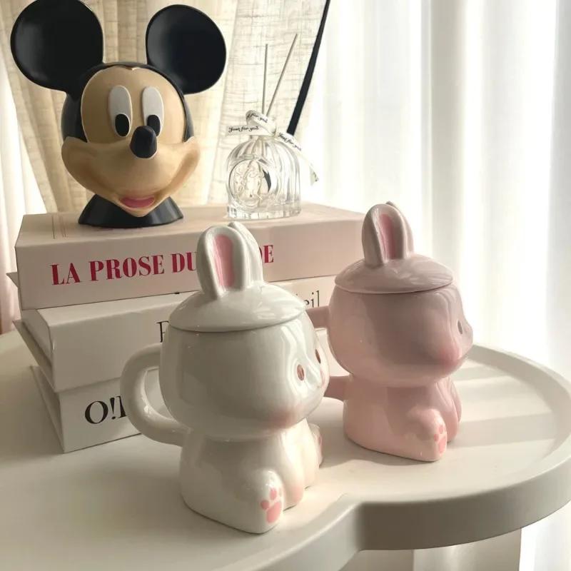3D Hase Keramiktasse, Hochwertige Tassen mit Deckel, Frühstücksmilchtassen, Kawaii Tasse für Paare, Geschenk zum Geburtstag und Valentinstag