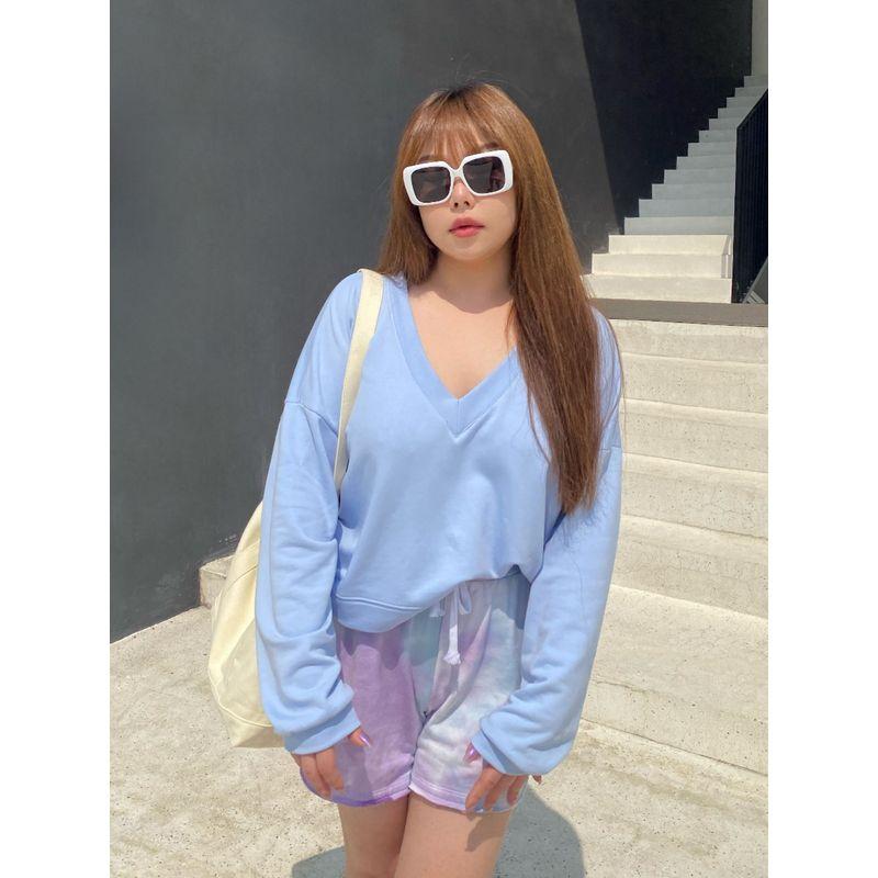 

Miss Biggie European and American Plus size Slimming Versatile Combed Cotton Blended Looped Fabric V-neck Drop Shoulder Long sleeve Hoodie Light Blue XXL