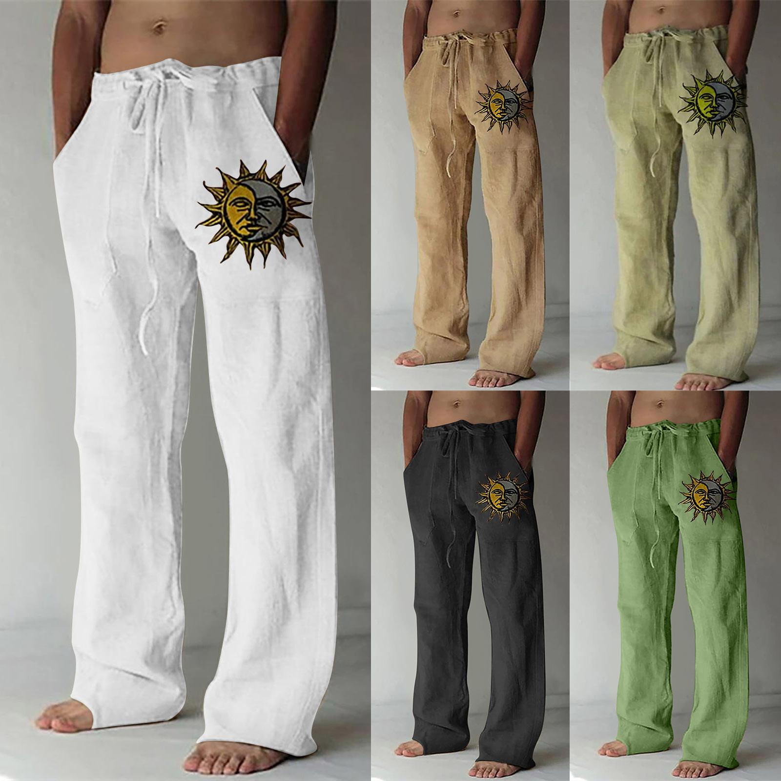 

Мужские свободные повседневные однотонные хлопковые льняные брюки с принтом и эластичными завязками