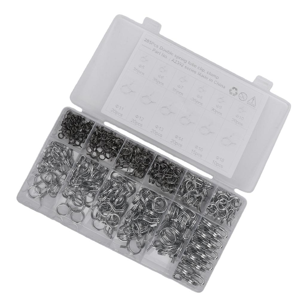 285PCS Double Wire Spring Hose Clamp Stainless Steel Fuel Line Hose Clamps Set for Motorcycle ATV 5 to 14MM
