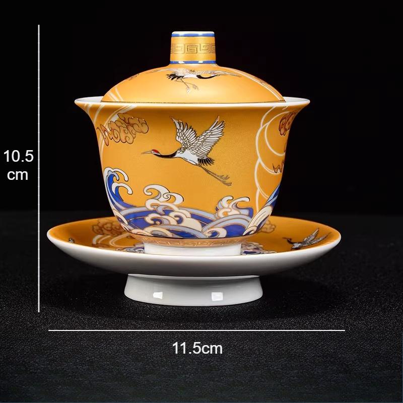 

200ml Enamel Colored Crane Covered Bowl Chinese Style Tea Ceremony with Hand-held Cup Ceramic Gilded Tea Bowl Drinking Utensils 200ml