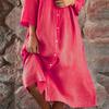 Women Summer Loose Shirt Dress Stand Collar 3/4 Sleeve Buttons Placket Solid Color Loose Fit Midi Dress Streetwear