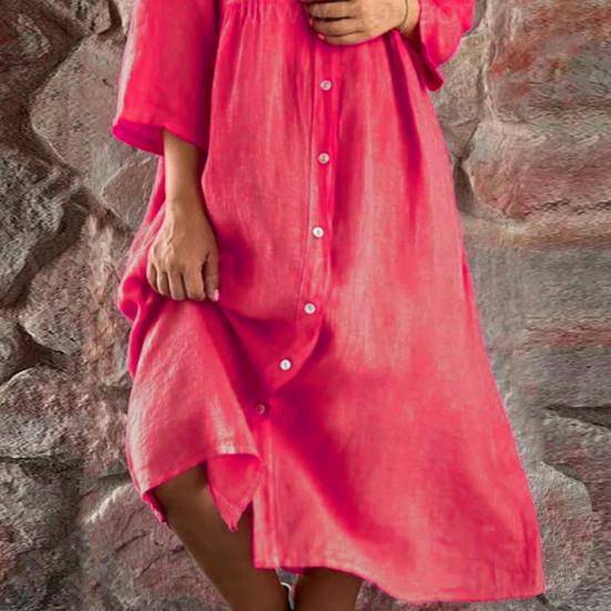 Women Summer Loose Shirt Dress Stand Collar 3/4 Sleeve Buttons Placket Solid Color Loose Fit Midi Dress Streetwear