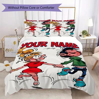 Custom Name Gaston Lagaffe Pattern Bedding,Quilt Set Quilt Cover Pillowcase Home Birthday Gift(1 * Duvet Cover + 2 * Pillowcase, Without Core)_lx