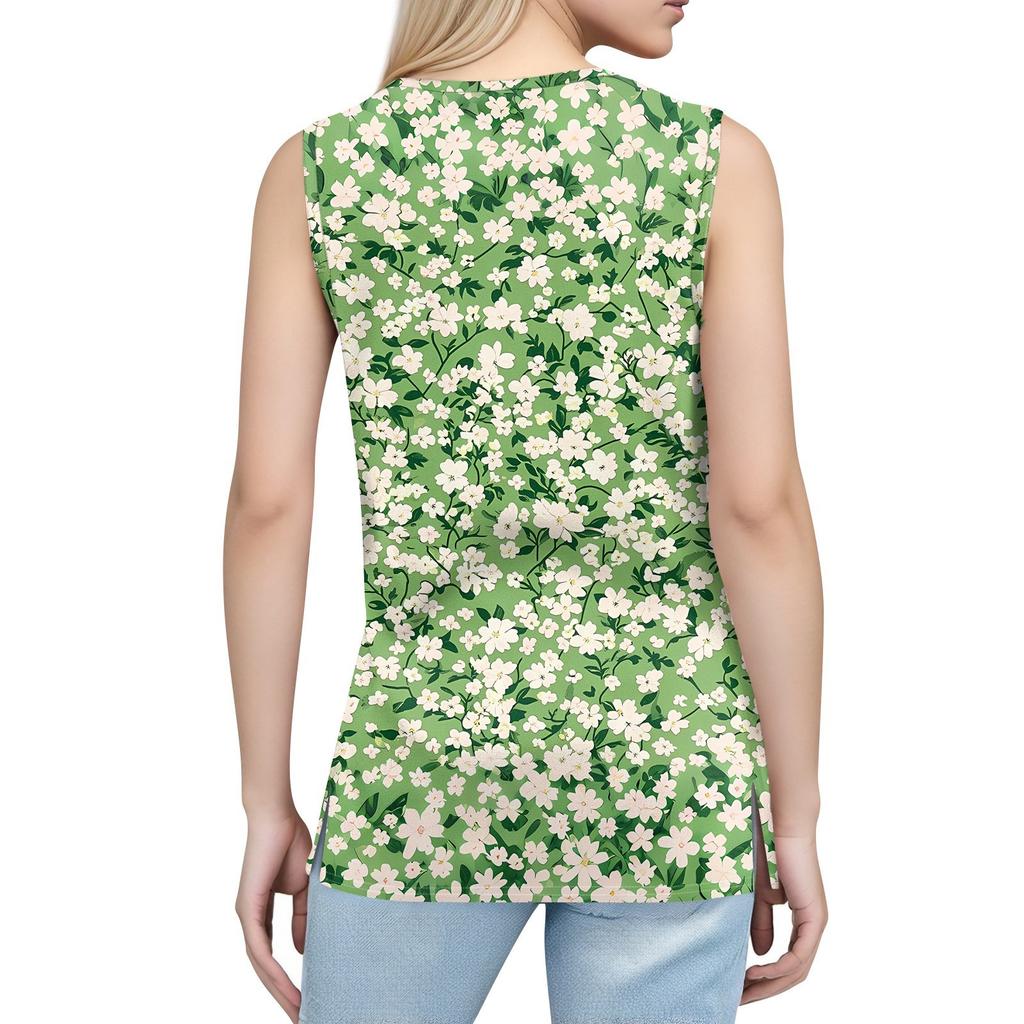 Women's Print Tank Top Button-down V-neck T-shirt Sleeveless Loose Fashion Top