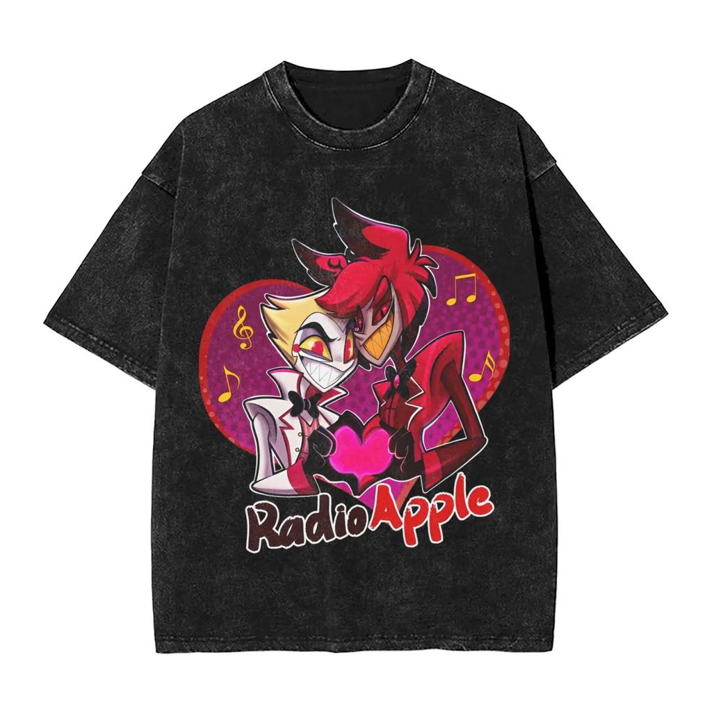 American Anime Hazbin Hotel Graphic T-shirt Washed Oversized Y2k Men Women Short Sleeve Casual Cotton Tee Crew Neck Clothing Female Male Tee Shirts