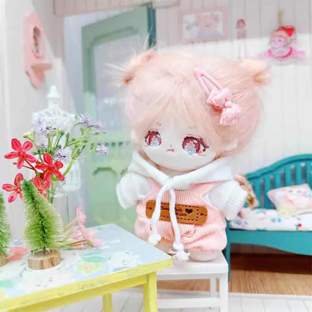 niannyyhouse 10cm~15cm 20cm Plush Toy Clothes - White Hoodie, Overalls, Cotton Doll, Dress-up, Accessories (Pink 10cm~15cm)