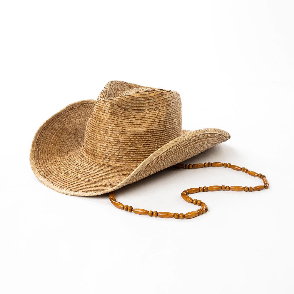 

USPOP Handmade Palm Leaf Cowboy Hat Wide Brim Upturned Sun Hat with Wooden Bead Chain Summer Beach Travel Outdoor Straw Hat L 59cm