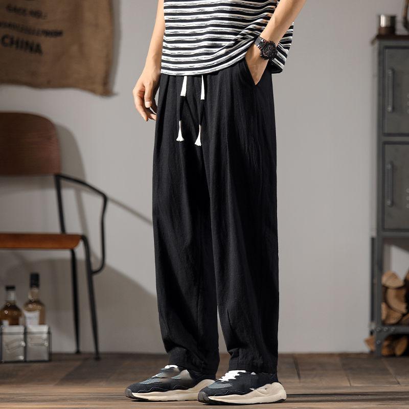 

Мужские хлопковые льняные брюки, летние прямые повседневные спортивные брюки из ледяного шелка, мужские широкие льняные брюки большого размера, новинка 2024 года S чёрный