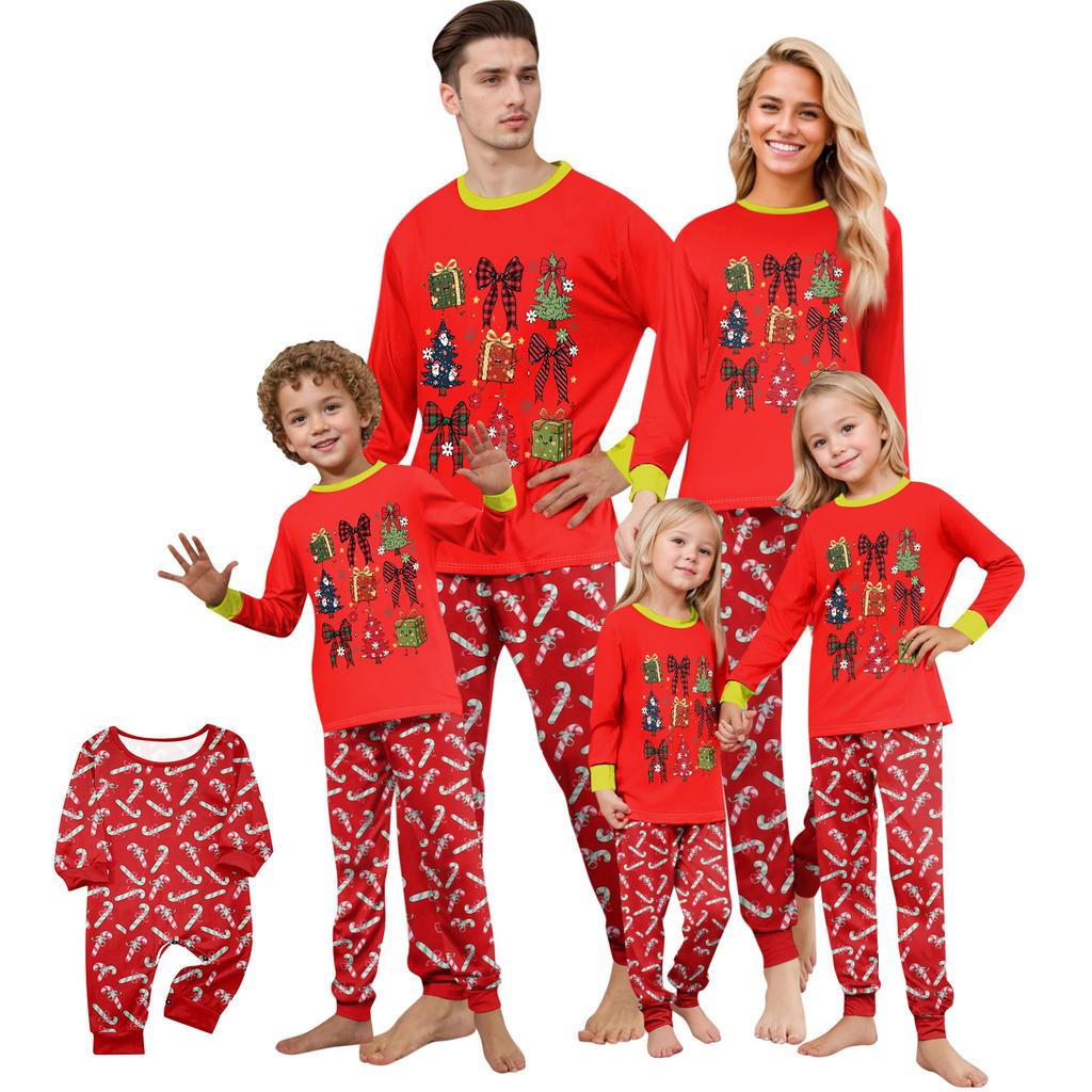 Matching Family Christmas Pajamas Set Long Sleeve Neck Top and Pants for Parents Kids Holiday Wear