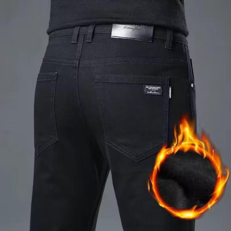 Autumn And Winter New Men'S Velvet/Regular Jeans Slim Fit Small Straight Tube Middle Waist Elastic Black Comfortable Soft Fit Men