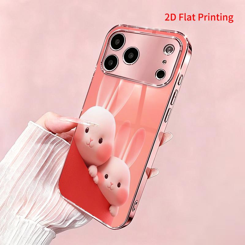 2DFlat electroplated tempered glass phone case,Cute Bunny Duo Design,suitable for iPhone 18 Pro Max 17 16 15 14 13 12 11