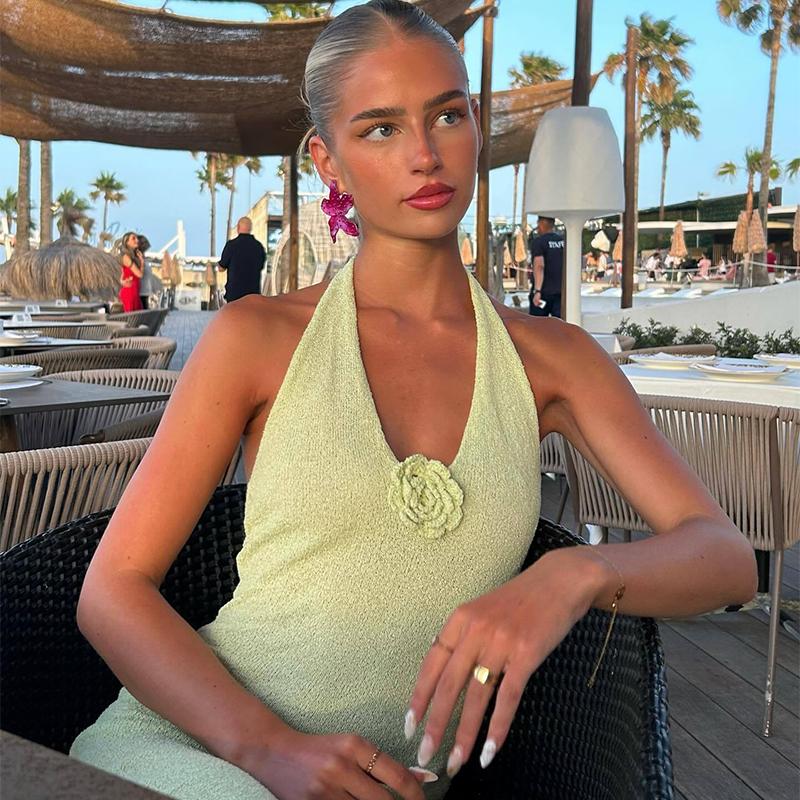 Derin V Yaka Sırtı Açık Uzun Elbise Yaz Seksi Kadın Yan Yırtmaçlı Kolsuz Örme Elbiseler Tatil Şık Yüksek Bel Moda Plaj Partisi Askılı Kıyafetler
