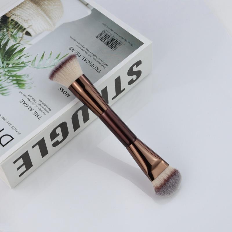 Štětec na make-up s dvojitou hlavou na podkladovou bázi a konturování Kabuki štětec Veganská vlákna Měkké štětiny pro tekuté a pudrové produkty