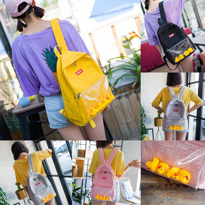 Durable Canvas Womens Backpack With Fun Duck Toy And Transparent School Bag Design