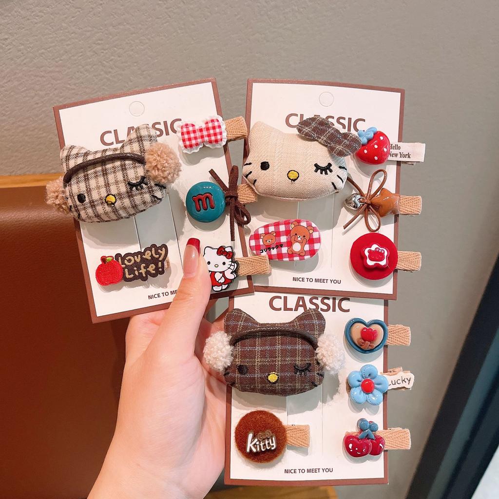 Cute Cartoon Plaid Kt Cat Children'S Hairpin Autumn And Winter Milk Coffee Girl Forehead Bangs Clip Baby Hairpin Clip