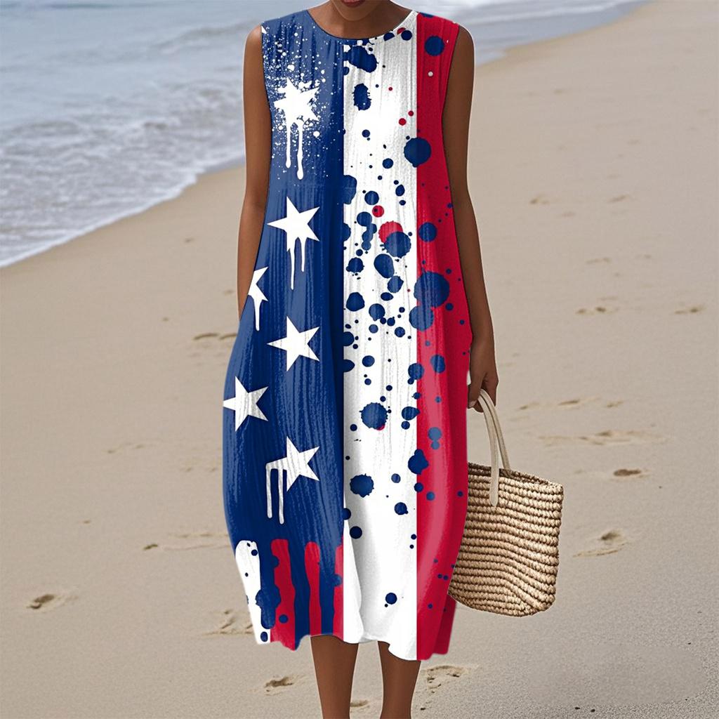 Rochie de damă la modă casual fără mâneci cu gât rotund, imprimată cu Ziua Independenței, elegantă, cu temperament