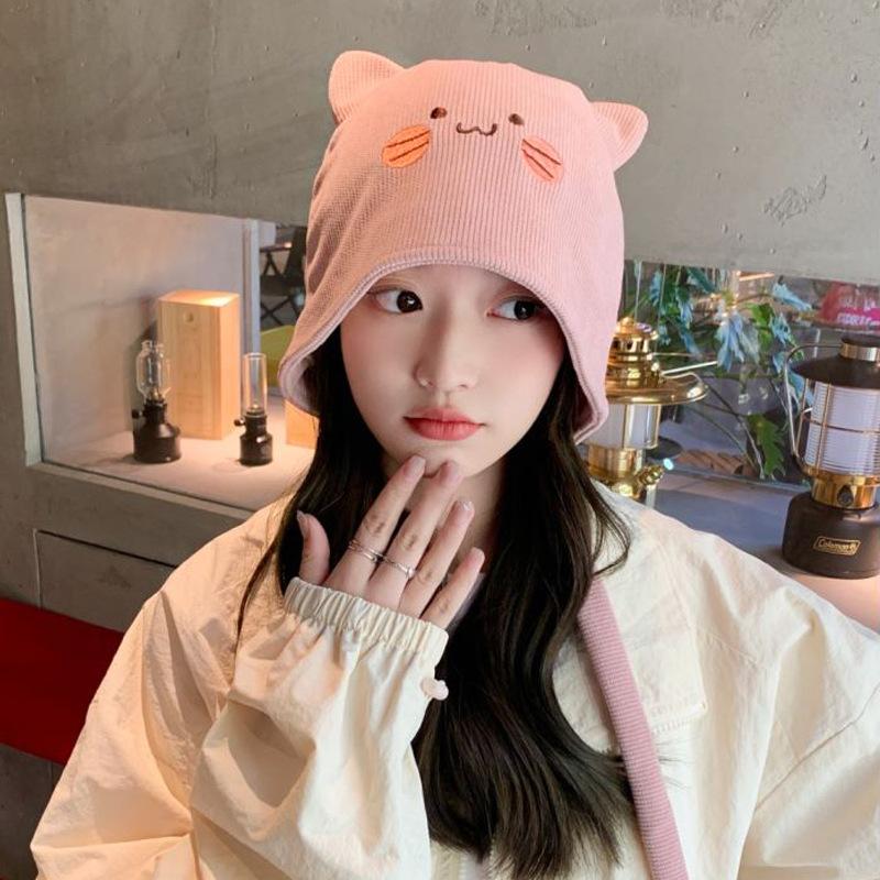 Autumn and Winter Confinement Hat Japanese Style Cute Cat Ears Baotou Hat Korean Style Face-showing Small Warm Ear Protection Knitted Hat