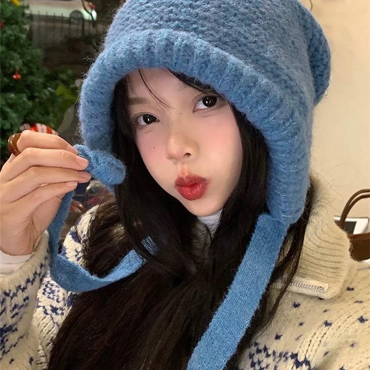 Winter hat, scarf, and hat in one, knitted woolen hat for winter warmth, ear protection, fleece-lined, outdoor windproof knitted hat