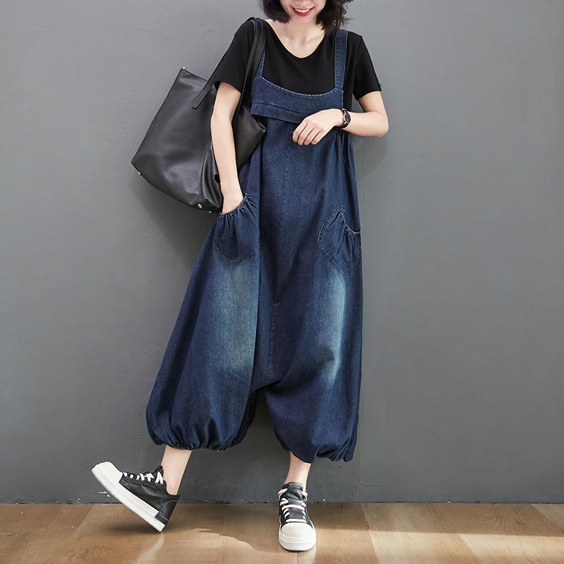 Spring Summer Vintage Denim Overalls Women's Oversized Loose Strap Lantern Pants Fashion Wide leg pants Women Streetwear