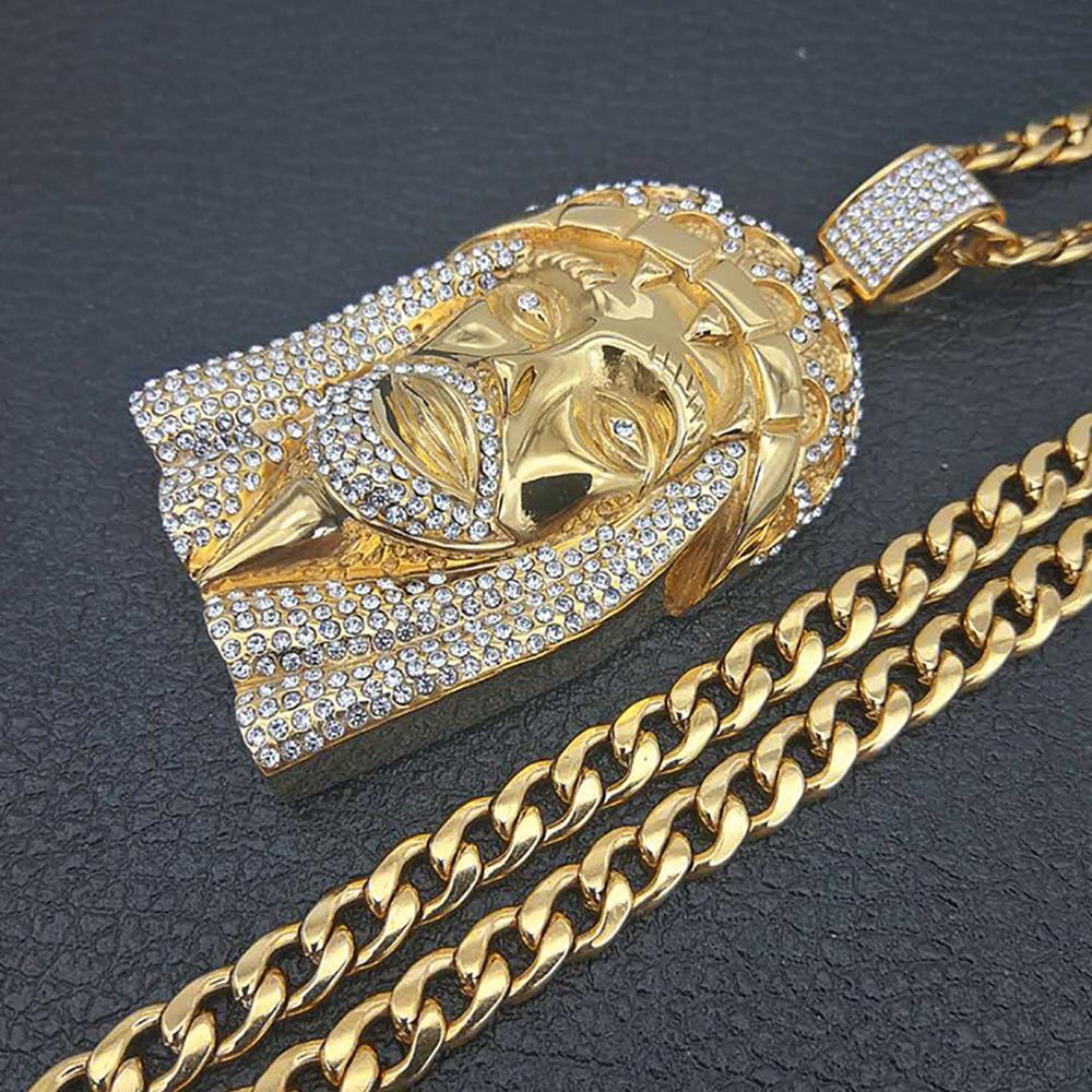 Hip Hop Iced Out Big Jesus Head Pendant Necklaces Male Gold Color Stainless Steel Christian Necklace for Men Jewelry Gift