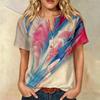 Women's Short Sleeve Linen Cotton Shirt Henley Button Neck Chest Pocket Casual Blouse with Artistic Print Pattern Lightweight Summer Top