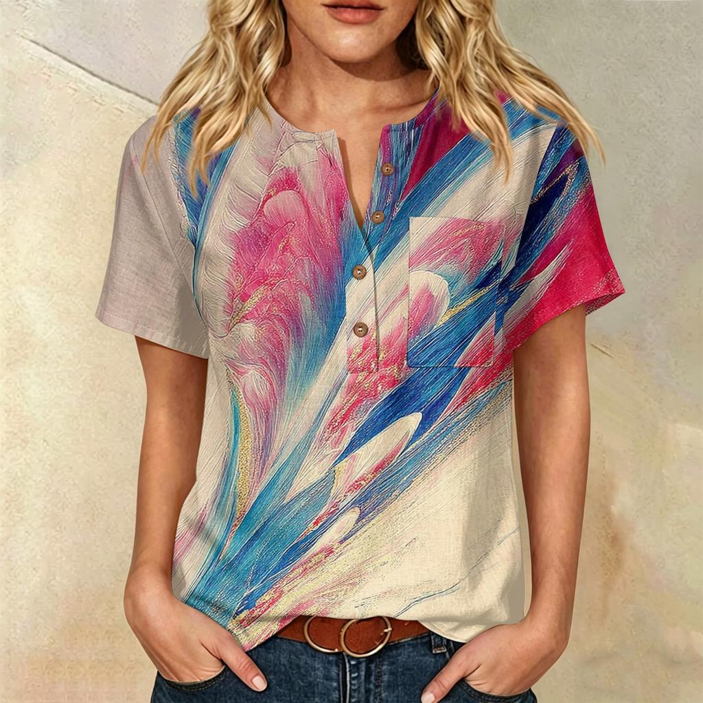 Women's Short Sleeve Linen Cotton Shirt Henley Button Neck Chest Pocket Casual Blouse with Artistic Print Pattern Lightweight Summer Top
