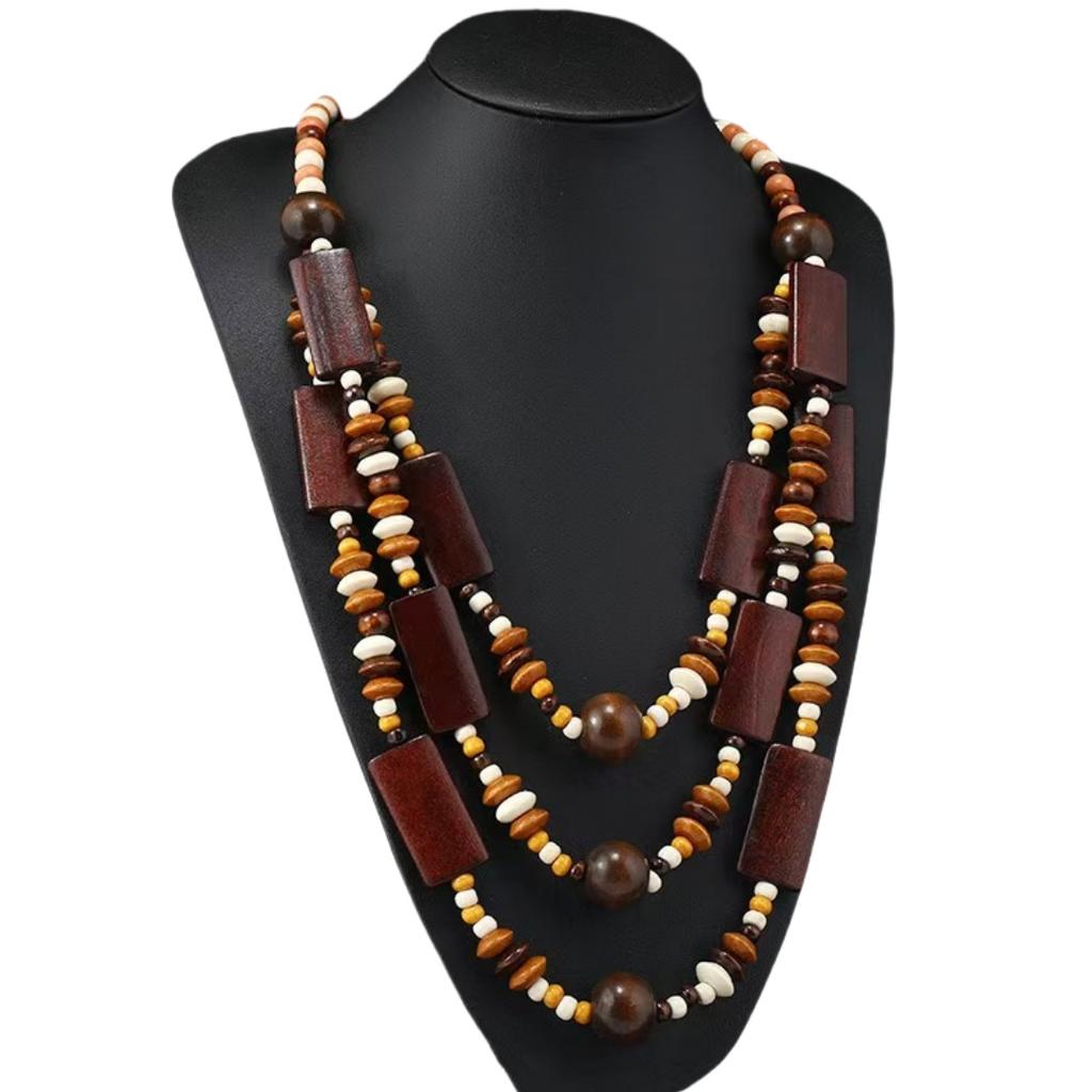 Ethnic Beaded Necklace Women Multi Layer Geometric Wooden Beads Boho Jewelry Premium Simple Versatile Fashion Accessories