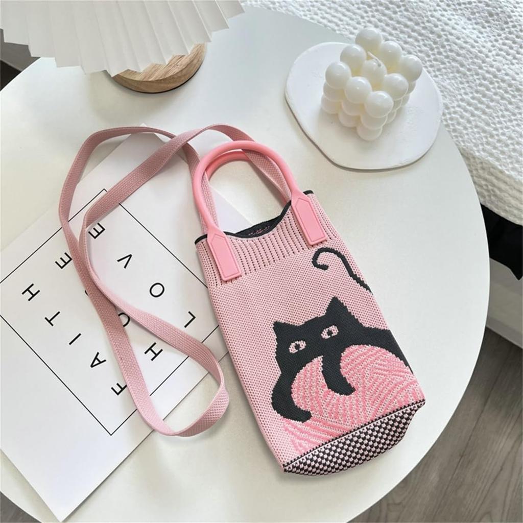 Huimei Women's Knit Smartphone Pouch, Shoulder Bag, Crossbody Phone Pouch, Vertical Knit Wallet Pochette, Cat Print Mini Bag, Cute, Lightweight