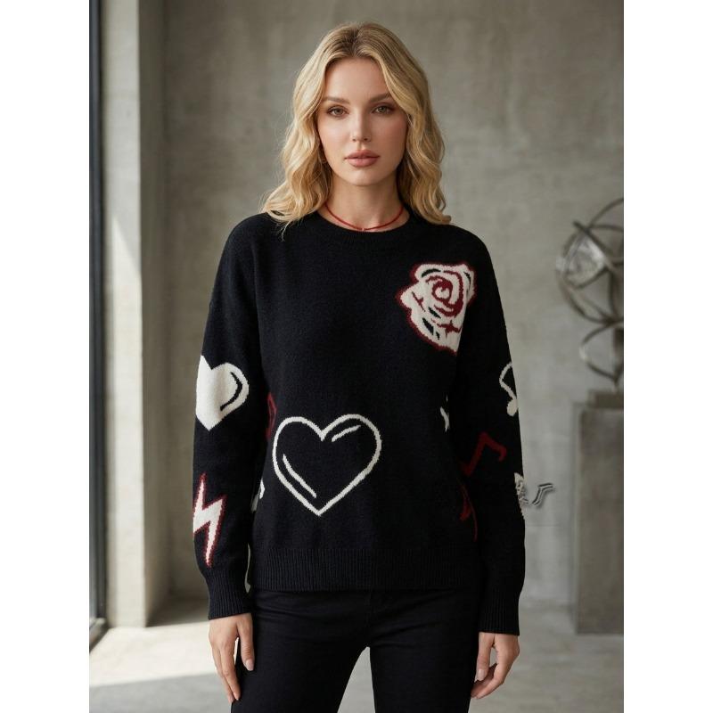 Women Loose Knit Long Sleeve Heart Jacquard Crew Neck Sweater
