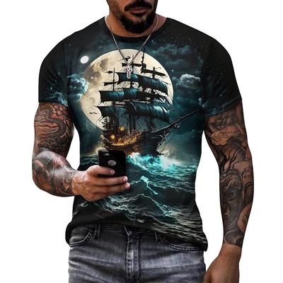 Vasariniai vyriški marškinėliai kasdieniai laisvi marškinėliai burlaivis piratų laivas 3D spausdintas apvalia iškirpte trumpomis rankovėmis marškinėliai vyrams didelio dydžio kokybiški