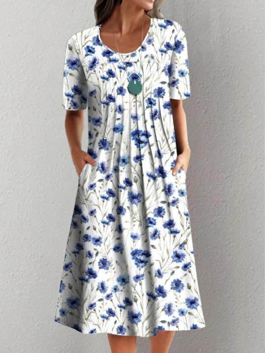 2024 Summer Women Round Neck Short Sleeve Floral Print Midi Dress Loose Pleated Swing Pocket Vacation Long Dress