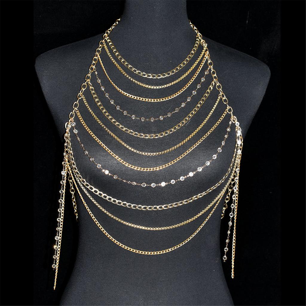 Stylish Women Rhinestones Chest Chain Necklace for Beach and Nightclub Outfits Layered Halter Neck Body Jewelry Crop Top
