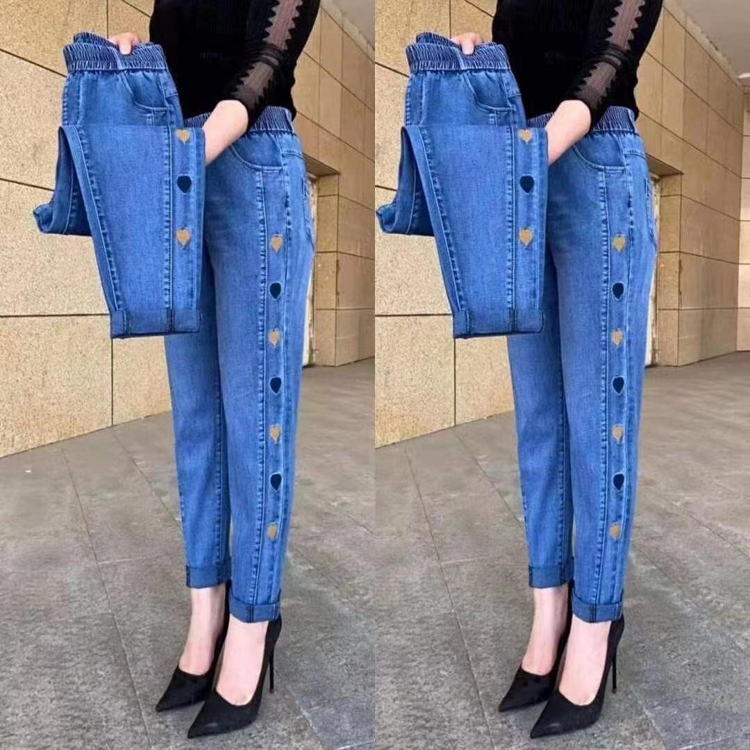 Marc Dames hoge elastische taille faux jeans grafische print magere herfst winterbroek potlood lange broek XXXXL blauw