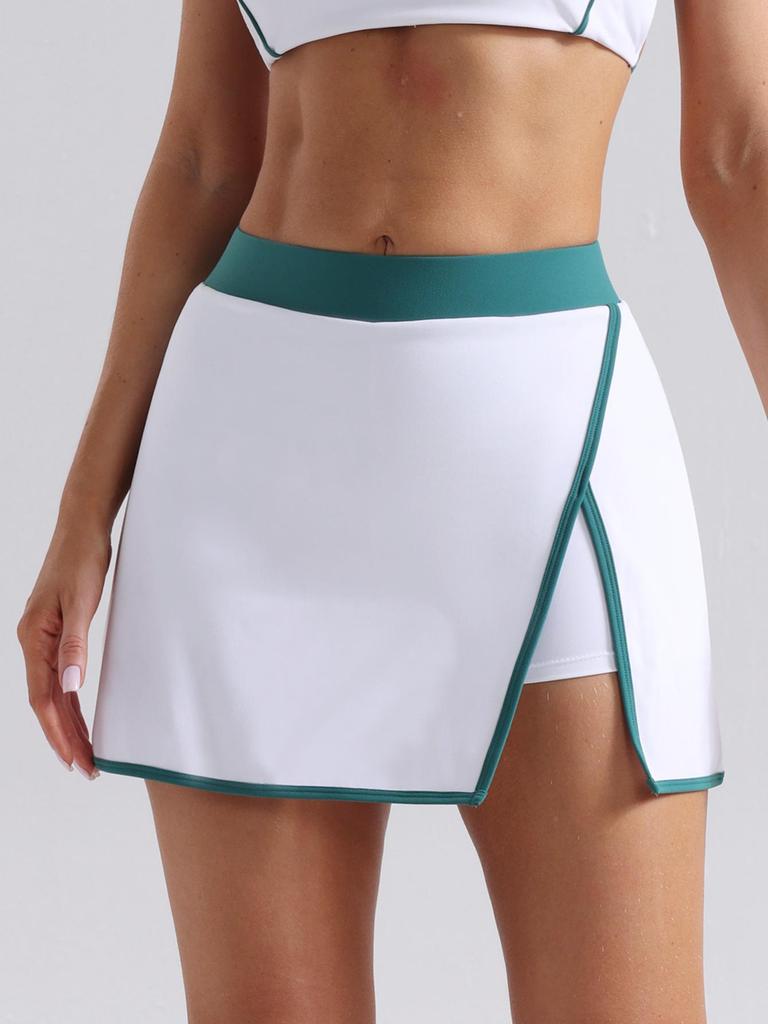 Women's Quick-Dry Color Block Two-Piece Yoga Tennis Skirt with Built-in Bodycon Shorts