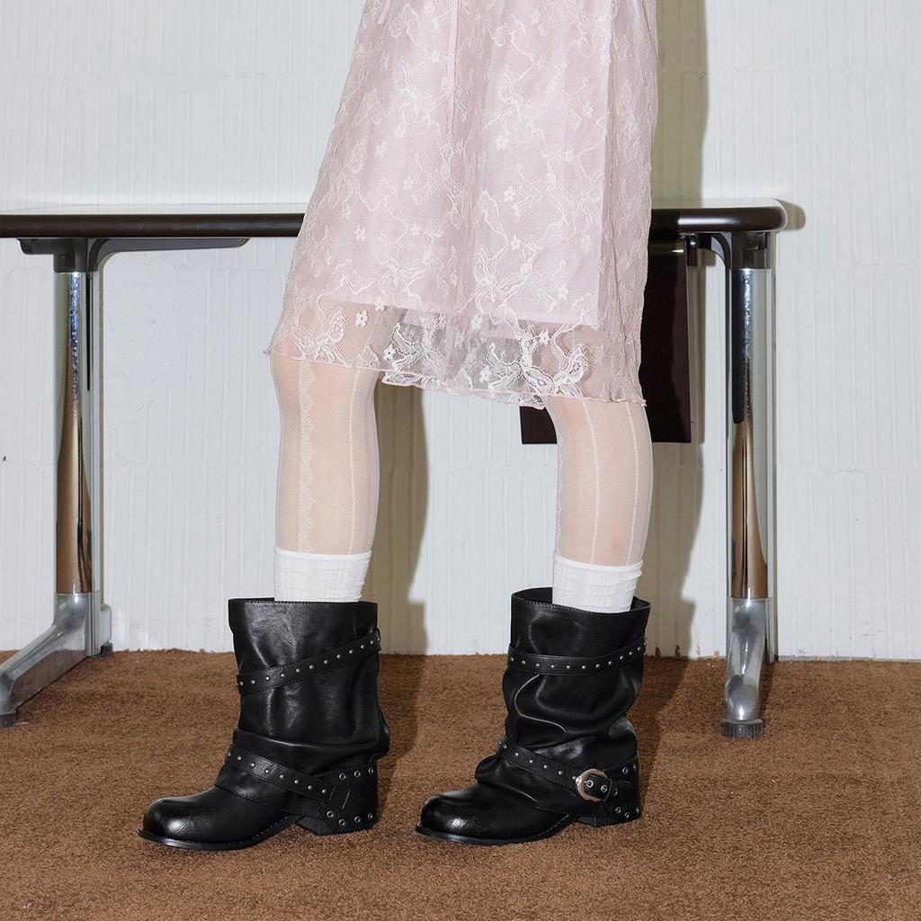 Black rivet belt buckle trouser tube boots women's new autumn pleated stacking boots thick heel thin medium tube short boots