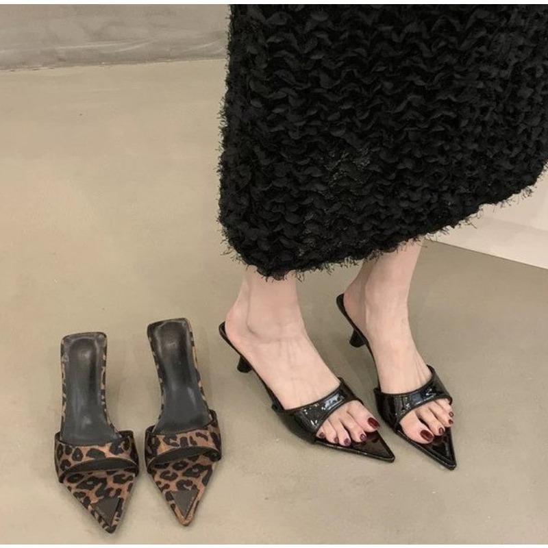 Women's Slippers Summer New High Heels Pointed Head Shallow Mouth Leopard Print Sandals Fashion Temperament Fine Heels Slippers